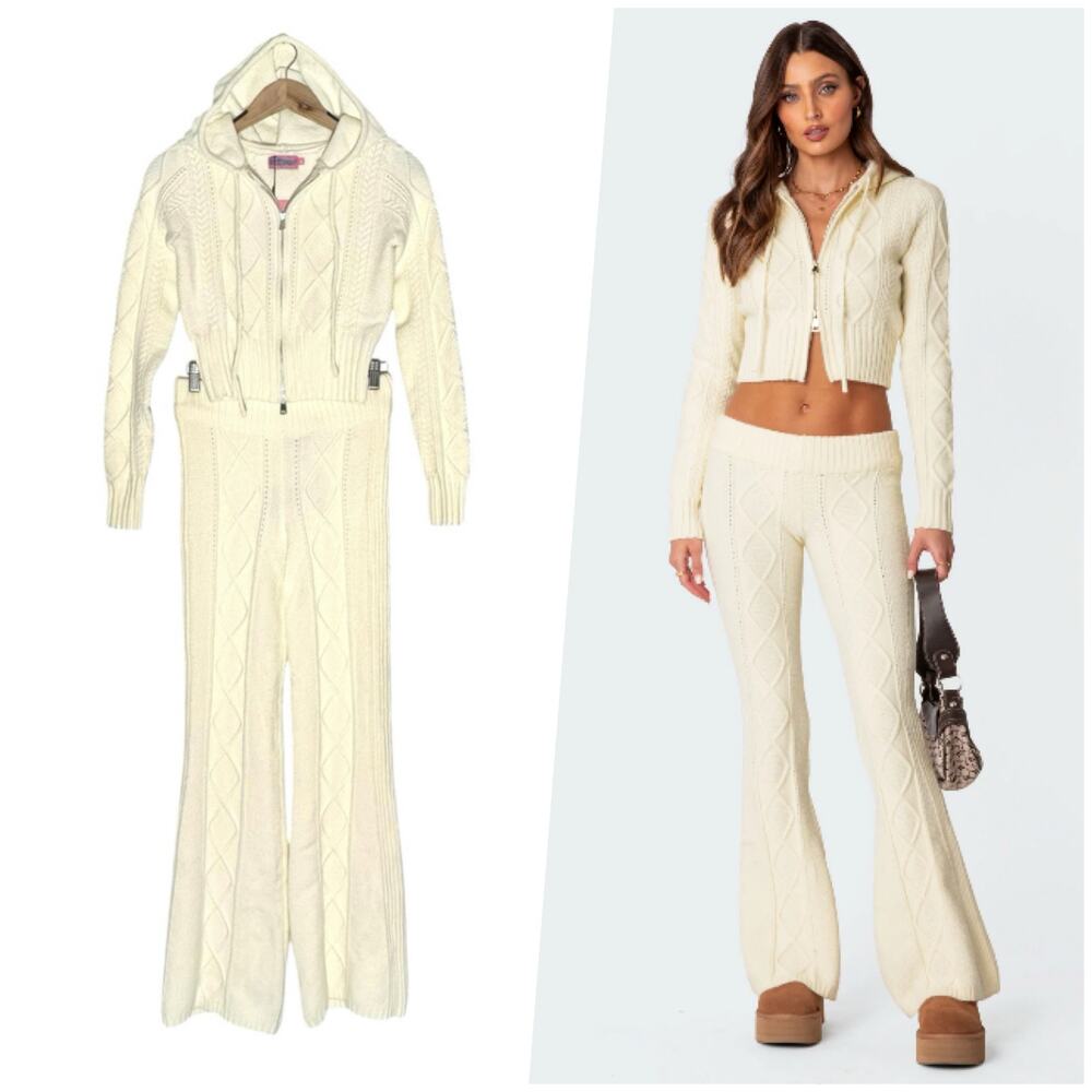 Edikted | Women | Ray Cream Cable Knit Flare Pull On Pants Cardigan Set | Sz XS